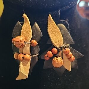 Vintage Boutique Black and Tan Earrings Wooden & Leather 1990s